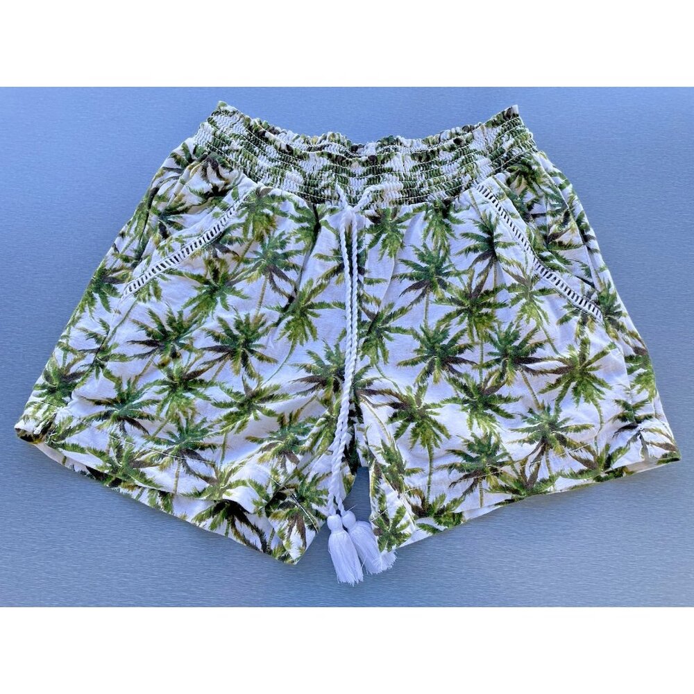 Briggs Palms Print Shorts Elastic Waist Green Linen Blend Confort Summer Size S